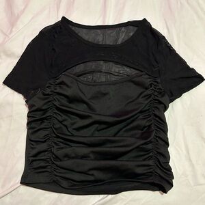 Black, cropped, mesh-top, stretchy tee